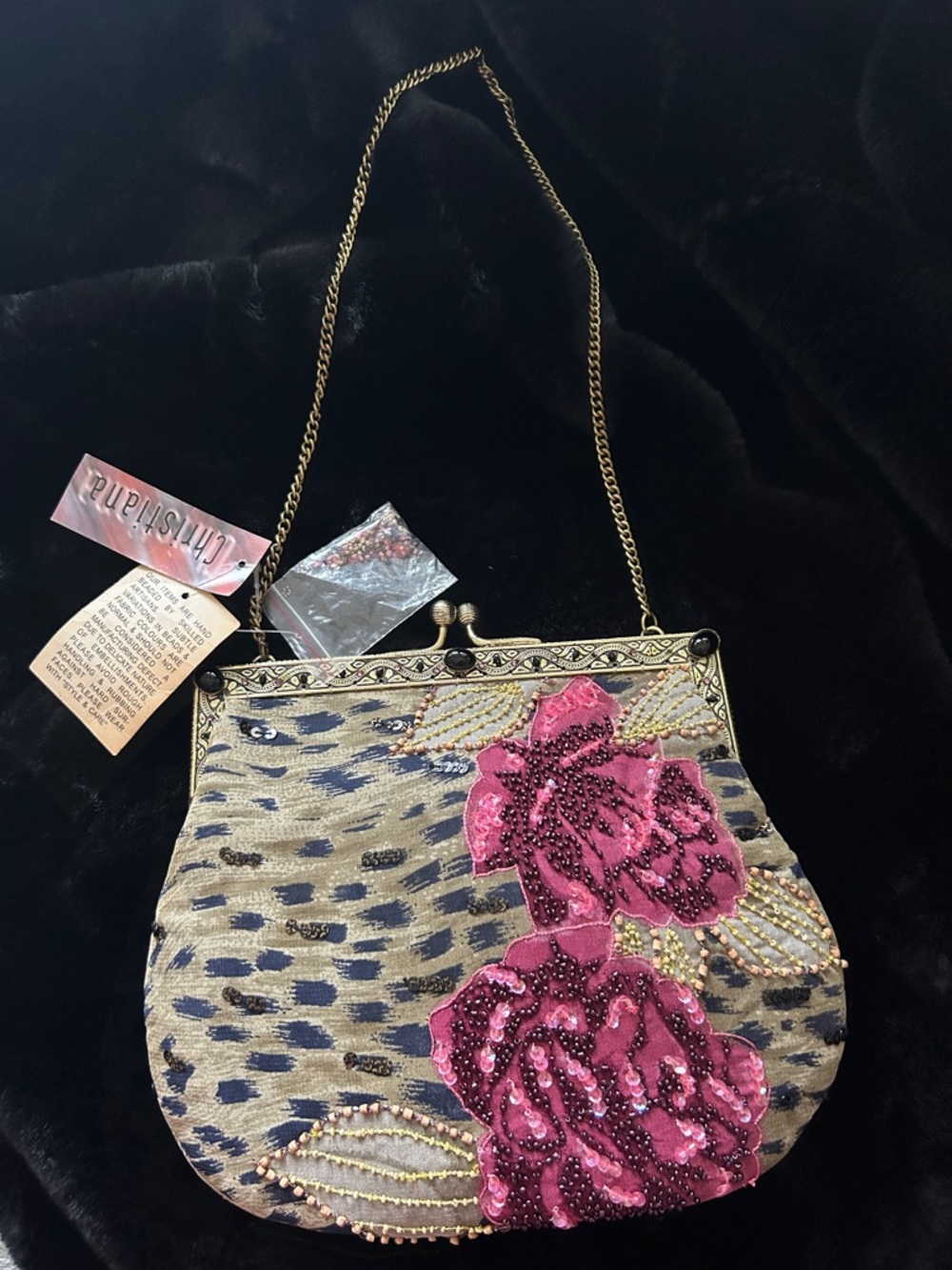 Christiana Pink Floral Beaded Evening Clutch with Gold Chain